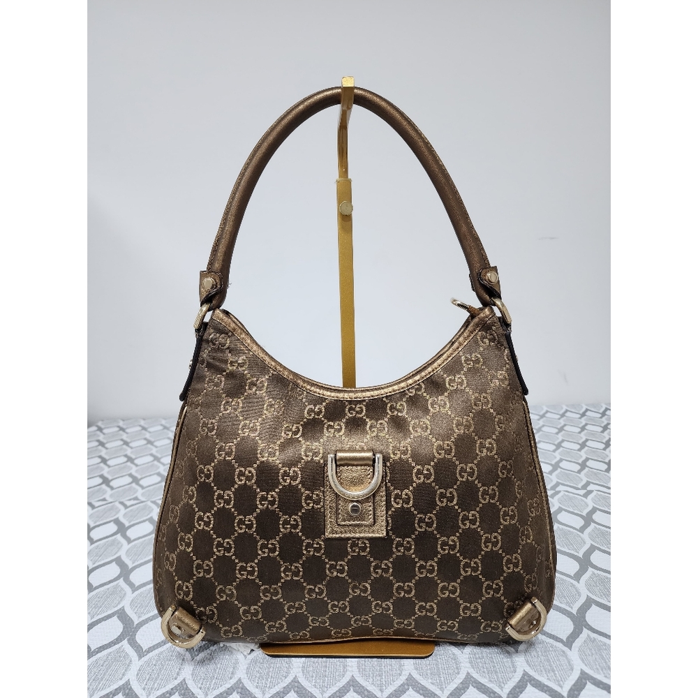 GUCCI GG Fabric Abbey Medium D-Ring Hobo Bag Gold Golden Brown